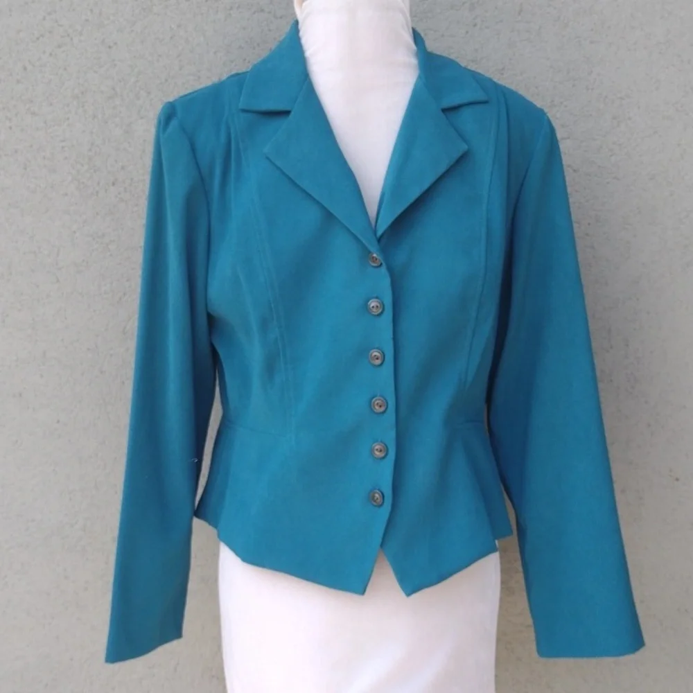 80s Karin Stevens Peacock Blue Button-up Blazer Women's 12 Petite